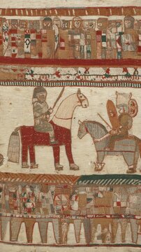 cavalry. Close-up of an ancient tapestry section depicting medieval cavalry and shield walls. event programs, museum guides, designed for cultural heritage projects and event programs.
