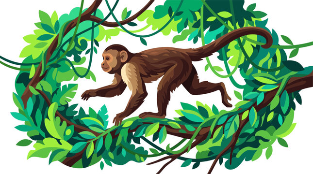 Capuchin monkey navigating through dense rainforest vines