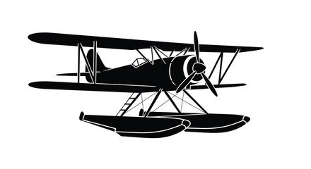 Biplane silhouette on floats black and white illustration © Nasima