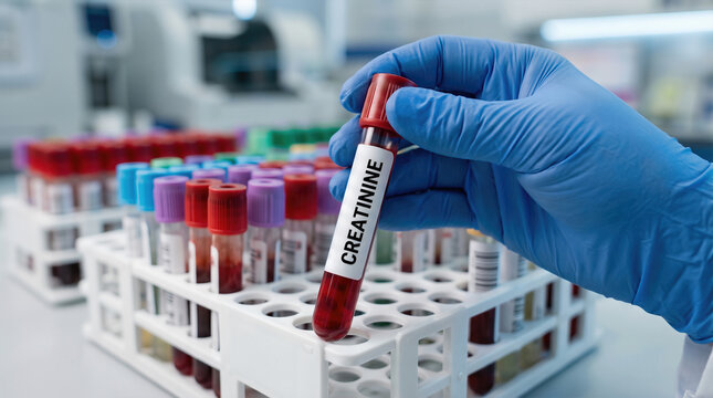 Laboratory technician in blue gloves holds a blood sample labeled creatinine above a rack of test tubes filled with various colored liquids in a clinical setting