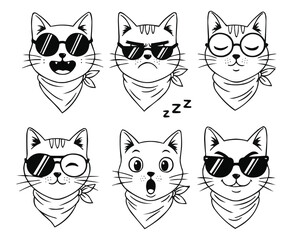 Fototapeta premium Funny Cat Face Emojis with Sunglasses and Scarves