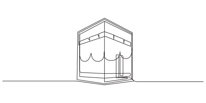 Continuous one line drawing Beautiful View of Qaba or Kabaa Shareef on floral. Hajj and umrah concept,Kabaa Shareef one line continuous drawing vector illustration. Hand drawn linear icon,