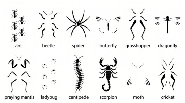 Insect icons set, black bug silhouettes collection. Vector illustrations of ant, beetle, spider, butterfly, grasshopper, dragonfly, mantis, ladybug, centipede, scorpion, moth, cricket icons.