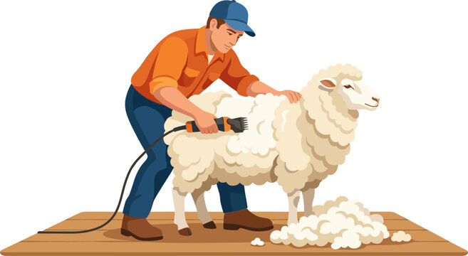 Professional farmer shearing wool from a sheep with electric clippers