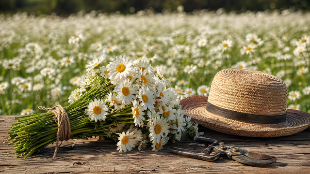 bouquet of daisies, straw hat, pruning shears, rustic table