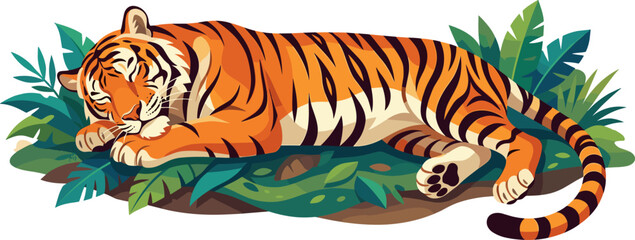 Fototapeta premium Relaxed tiger sleeping peacefully amidst jungle plants