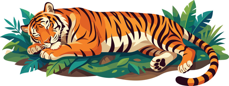 Relaxed tiger sleeping peacefully amidst jungle plants