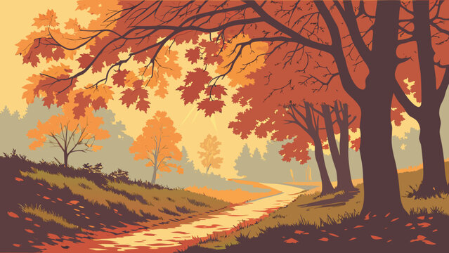 Autumn landscape, fall foliage, vector illustration, scenic road, trees with orange leaves