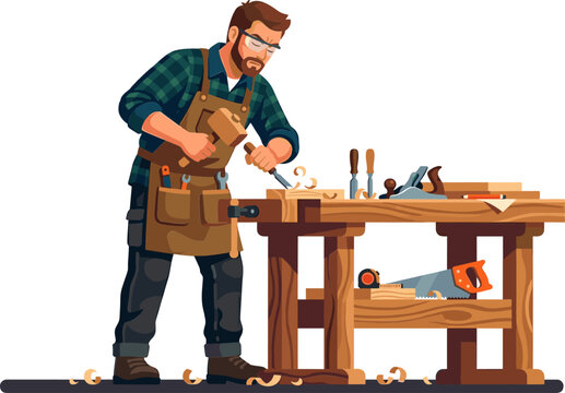 Skilled woodworker using chisel and mallet at workbench