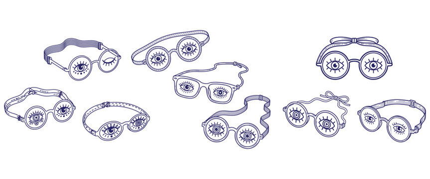 Set of various sleeping masks shaped like eyeglasses with human eyes drawn on them, artistic vector art.