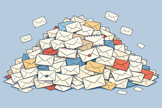 Large pile of hand-drawn envelopes and letters in various colors, representing overwhelming communication, mail backlog, and busy correspondence in a stylized vector illustration background.