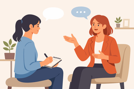 Flat Vector Illustration of a Woman Taking Notes During a Conversation with a Colleague or Client, Featuring Speech Bubbles, Professional Interaction, Interview, Therapy, or Coaching Session.