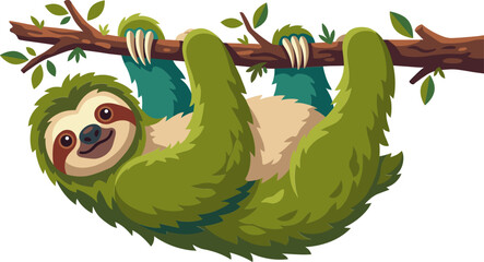 Fototapeta premium Stylized green sloth hanging from a branch in the forest