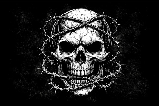 Gritty Monochrome Vector Illustration of a Human Skull Wrapped in Sharp Barbed Wire, Edgy Gothic T-Shirt Graphic Design with High Contrast Grunge Texture for Metal Punk and Dark Aesthetic Apparel
