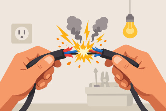 Hands Holding Damaged Electrical Cable with Sparks and Smoke, Short Circuit Hazard, Dangerous DIY Repair Mistake, Electrician Safety Concept, Flat Vector Illustration of Power Line Failure and Risk