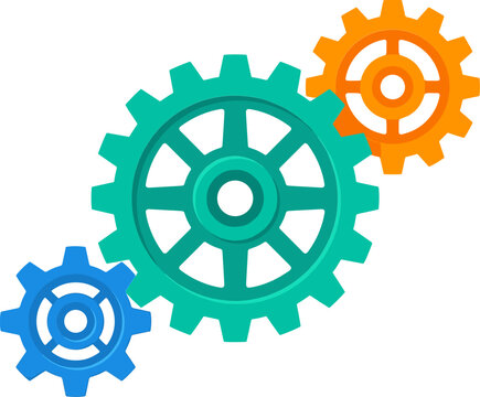 Three interlocking mechanical gears in green blue and orange colors