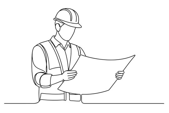 Continuous Line Drawing of a Professional Male Engineer or Construction Worker Wearing a Hard Hat and Safety Vest Holding a Blueprint Plan, Minimalist One Line Art Style Vector Illustration