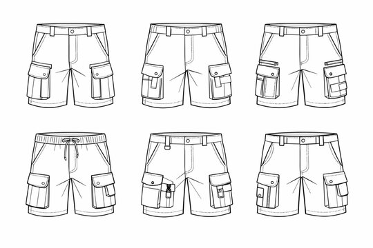Men's Cargo Shorts Technical Fashion Illustration Set, Utility Bermuda Shorts Front View Variations with Multi Pockets, Belt Loops and Drawstring Waistband, Flat Sketch Vector Apparel Design