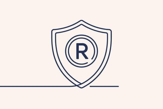 Registered Trademark Symbol Inside a Shield Drawn with One Continuous Single Line Representing Intellectual Property Protection, Brand Security, Legal Rights, and Corporate Identity Vector Art