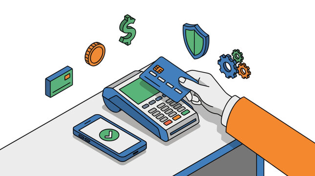 Isometric illustration of a hand making a credit card payment at a POS terminal.