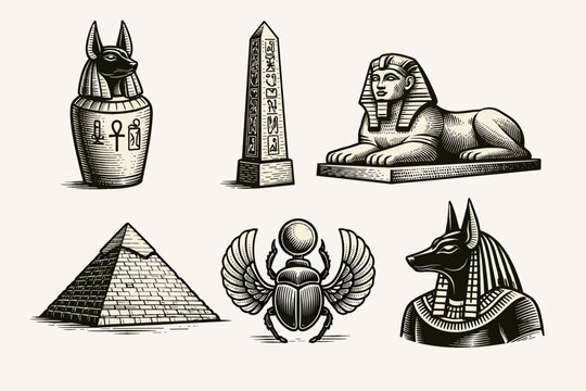 Set of ancient Egyptian symbols in woodcut engraving style including canopic jar, obelisk, Great Sphinx of Giza, pyramid, winged scarab beetle, and Anubis bust. Vintage vector icon collection.