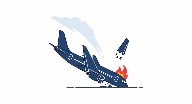 Illustration of a passenger airplane in a crash landing with fire and smoke, depicting an aviation disaster.