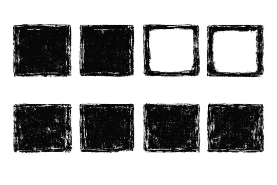 Set of Grunge Rolled Ink Stamp Texture Frames and Square Borders Handmade with Brayer; Distressed Stencil Elements for Vintage Graphic Design, Linocut Style Block Print Vector Illustrations