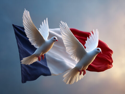 Two white doves flying against a french flag in a sky