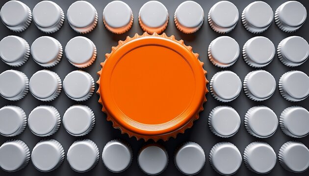 single orange bottle cap among white caps arranged in a grid black sheep concept