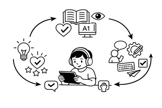 Universal Design for Learning UDL Framework Diagram Illustrating Engagement Representation and Action Expression with a Student Using a Tablet and Headphones in a Circular Learning Process