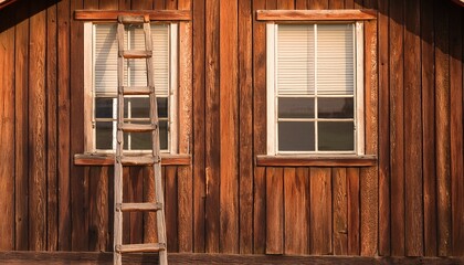 Obraz premium a close up view of a wooden barn with two windows and a ladder hanging below them the wood s rich texture and natural color create a warm rustic feel