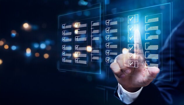 business hand selecting checklist boxes on virtual interface representing compliance verification quality control and approval workflow