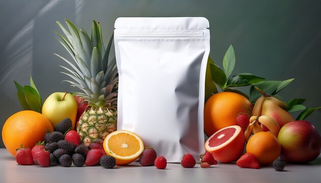 healthy breakfast scene with blank white pouch and fresh fruits perfect for nutrition food packaging and lifestyle branding