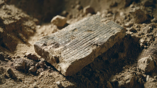Ancient sumerian clay tablet with cuneiform script discovered in dry desert soil archaeological find of mesopotamian writing, historical antique artifact, and human civilization heritage concept.