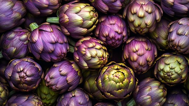 Vibrantly Hued Globe Artichokes Showcasing Intricate Bract Patterns and Fresh Floral Structures