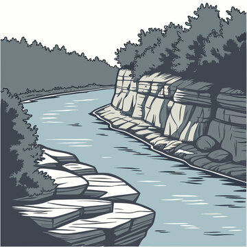 River with rocky cliff trees water blue