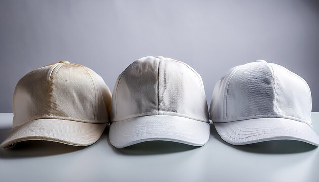 blank white baseball trucker hats arranged closely front view hat cap in studio showing headwear design fabric apparel fashion accessory for branding promotion concept