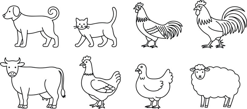 Farm animals outline vector set dog cat rooster chicken cow sheep simple line illustration