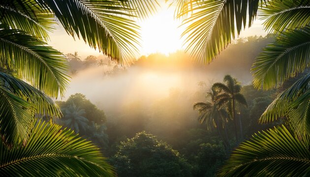 lush green palm leaves frame a bright misty clea in a dense jungle with warm sunlight filte through the canopy creating a serene and inviting atmosphere