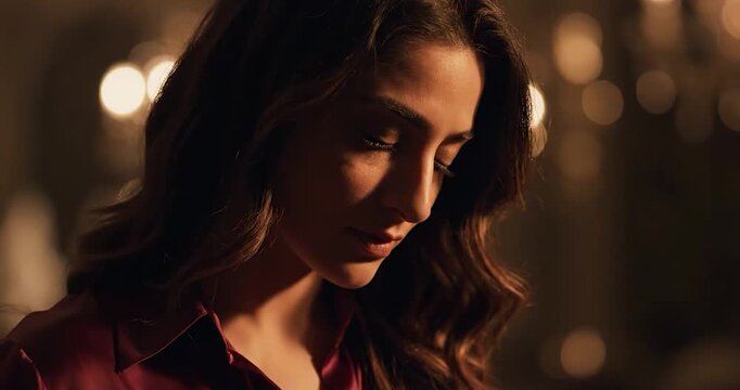 Portrait of a woman reflecting in warm indoor light at night