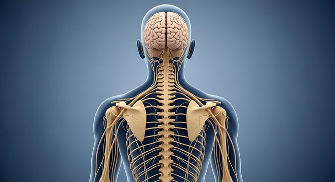 Human nervous system illustration with brain, spinal cord, and peripheral nerves.