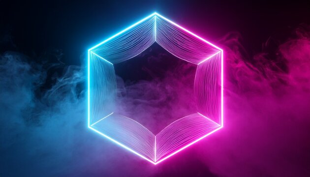 abstract pentagonal neon frame in pink and blue smoke futuristic vaporwave style