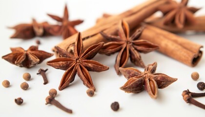 Fototapeta premium Spices arranged artistically with star anise, cinnamon sticks, and whole peppercorns on a clean background for culinary inspiration