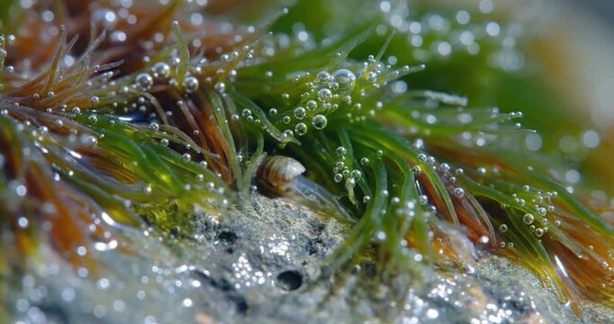 Small Snail Crawling on Green Seaweed Underwater with Oxygen Bubbles