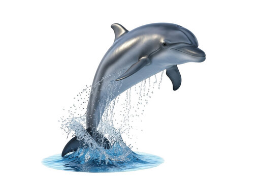 Realistic dolphin jumping with water splash isolated on transparent background for marine life, wildlife, and oceanographic design