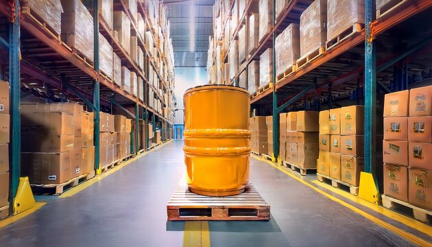 hazardous goods storage a large container filled with liquid is placed on a wooden pallet in a spacious warehouse shelves and stacks of packaged goods are visible in the background