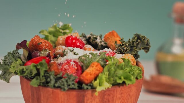 Sprinkling parmesan cheese over fresh kale caesar salad with cherry tomatoes and croutons