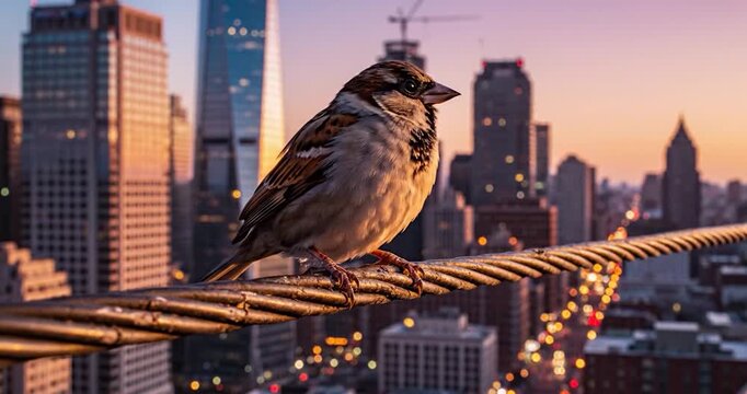 Small Sparrow Perched on Metal Cable Overlooking City Skyline at Sunset