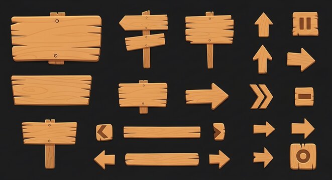 A collection of various wooden signs and directional arrows for game design and interface layouts