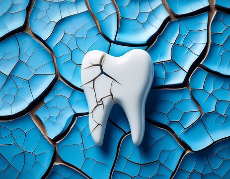 cracked white tooth standing on a fractured blue surface dental health concept